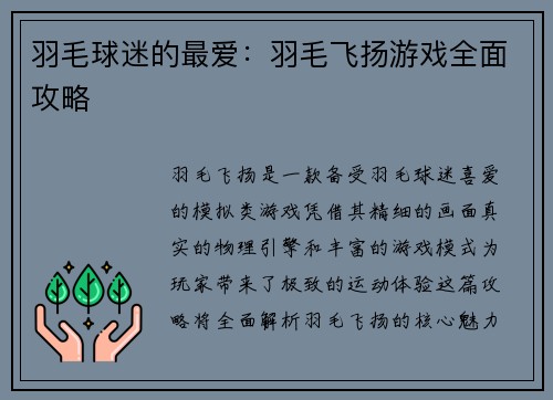 羽毛球迷的最爱：羽毛飞扬游戏全面攻略